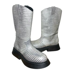 Lintervalle Leather Platform Combat Cowboy Boots Croco Pattern 41 Bold Grunge